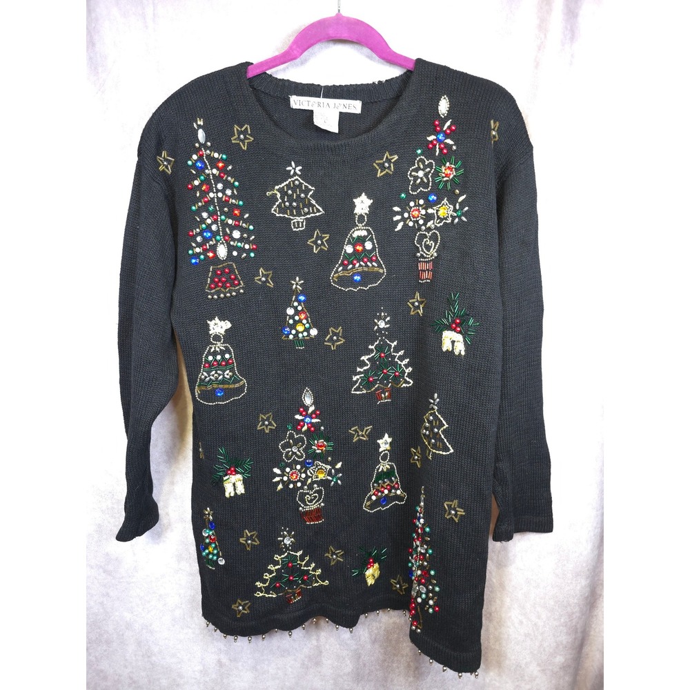 VICTORIA JONES Black Christmas Tree Bell Beaded Sweater L Ugly Holiday